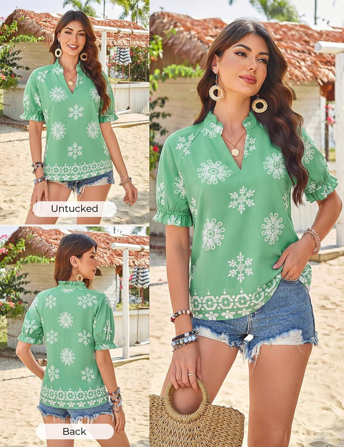 imageGRACE KARIN Womens Boho Tops Summer Spring Cotton Floral Blouses Short Sleeve Print Shirts V Neck Beach Vacation Clothes 2026Green Boho Floral