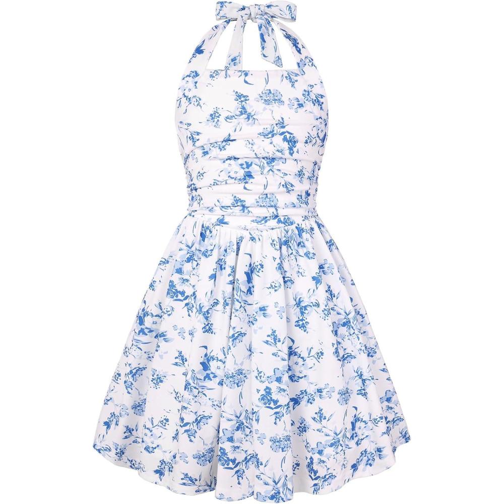 imageGRACE KARIN Girls Floral Summer Dress Spring Holiday Beach Party Sundress Halter Neck Tie Backless Dresses 716 YearsBlue