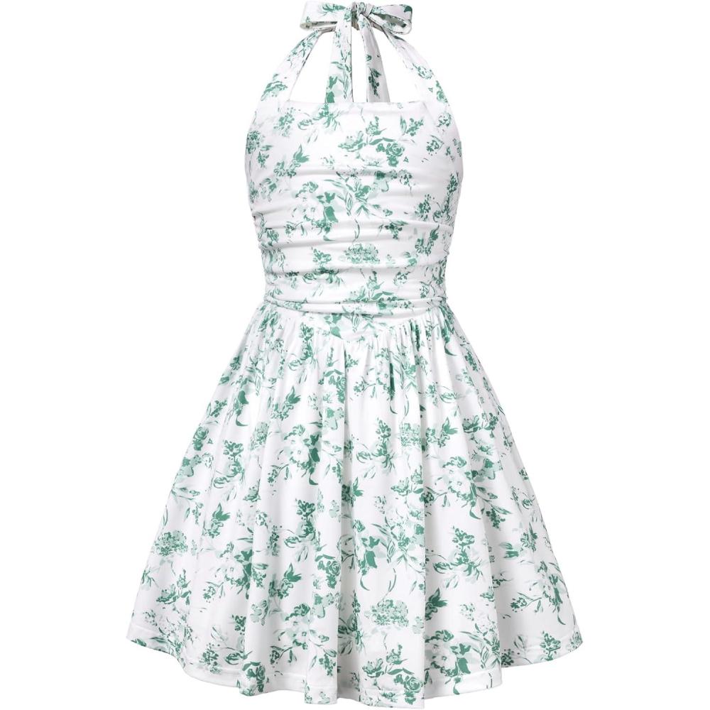 imageGRACE KARIN Girls Floral Summer Dress Spring Holiday Beach Party Sundress Halter Neck Tie Backless Dresses 716 YearsGreen White Floral