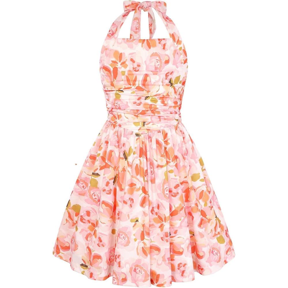imageGRACE KARIN Girls Floral Summer Dress Spring Holiday Beach Party Sundress Halter Neck Tie Backless Dresses 716 YearsOrange Floral