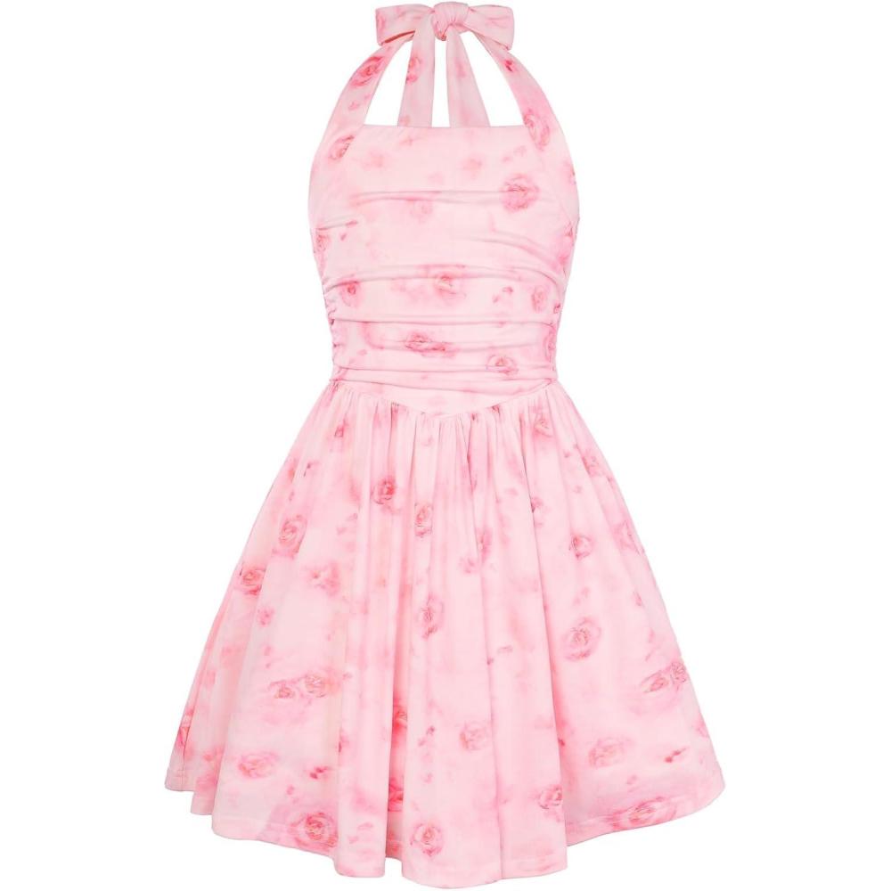 imageGRACE KARIN Girls Floral Summer Dress Spring Holiday Beach Party Sundress Halter Neck Tie Backless Dresses 716 YearsPink Rose Floral
