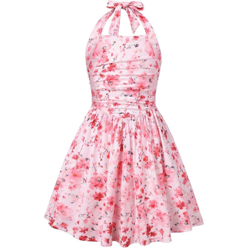 imageGRACE KARIN Girls Floral Summer Dress Spring Holiday Beach Party Sundress Halter Neck Tie Backless Dresses 716 YearsPinkred Floral