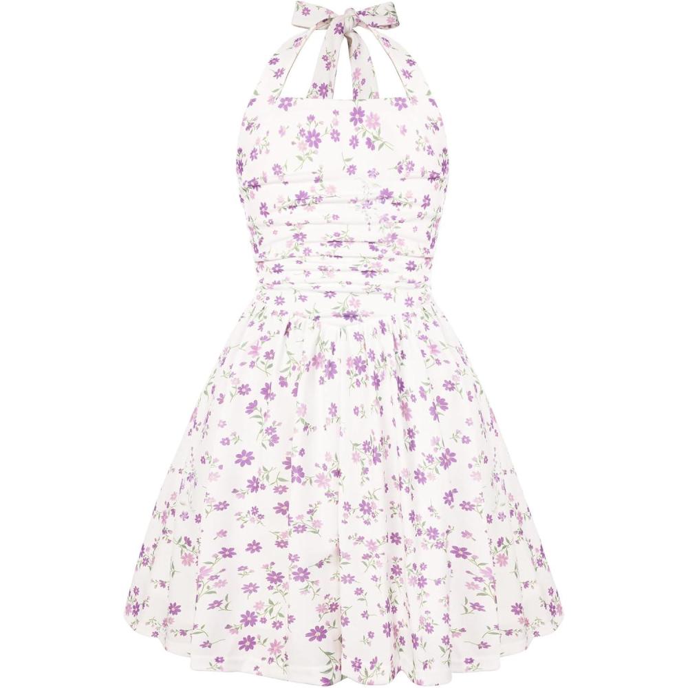 imageGRACE KARIN Girls Floral Summer Dress Spring Holiday Beach Party Sundress Halter Neck Tie Backless Dresses 716 YearsPurple