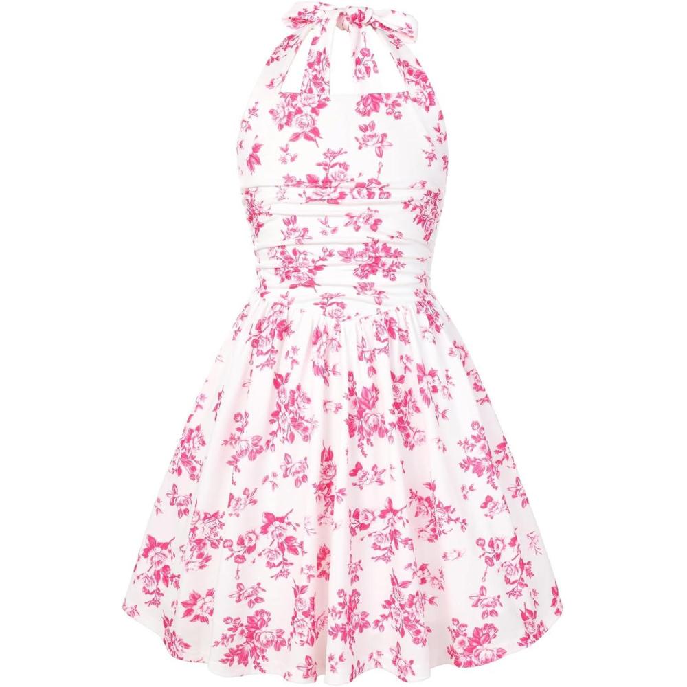 imageGRACE KARIN Girls Floral Summer Dress Spring Holiday Beach Party Sundress Halter Neck Tie Backless Dresses 716 YearsRose Red
