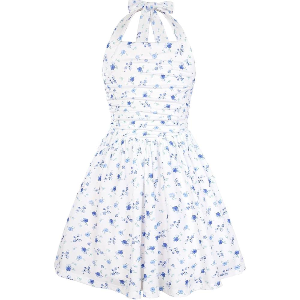 imageGRACE KARIN Girls Floral Summer Dress Spring Holiday Beach Party Sundress Halter Neck Tie Backless Dresses 716 YearsWhite and Blue Floral
