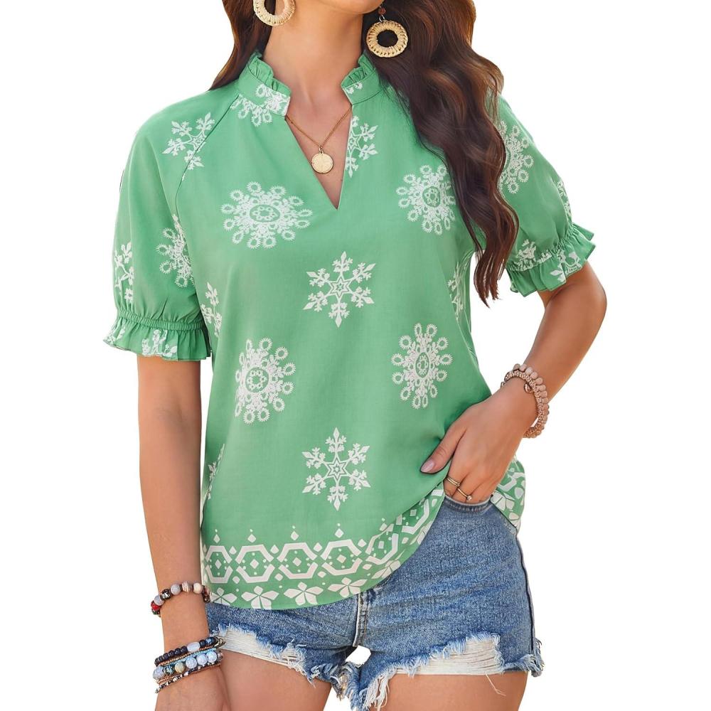 imageGRACE KARIN Womens Boho Tops Summer Spring Cotton Floral Blouses Short Sleeve Print Shirts V Neck Beach Vacation Clothes 2026Green Boho Floral