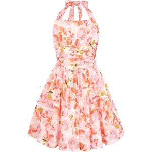 GRACE KARIN Girls Floral Summer Dress Spring Holiday Beach Party Sundress Halter Neck Tie Backless Dresses 7-16 Years(Orange Floral)