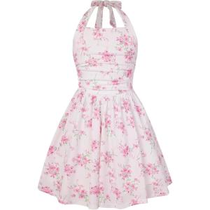 GRACE KARIN Girls Floral Summer Dress Spring Holiday Beach Party Sundress Halter Neck Tie Backless Dresses 7-16 Years(Pink)