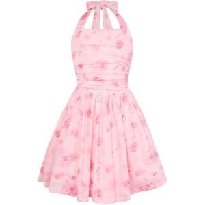 GRACE KARIN Girls Floral Summer Dress Spring Holiday Beach Party Sundress Halter Neck Tie Backless Dresses 7-16 Years(Pink Rose Floral)