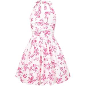 GRACE KARIN Girls Floral Summer Dress Spring Holiday Beach Party Sundress Halter Neck Tie Backless Dresses 7-16 Years(Rose Red)