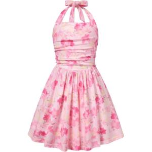 GRACE KARIN Girls Floral Summer Dress Spring Holiday Beach Party Sundress Halter Neck Tie Backless Dresses 7-16 Years(Rose Red&yellow Floral)