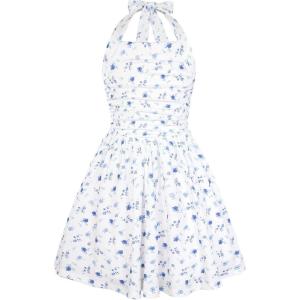 GRACE KARIN Girls Floral Summer Dress Spring Holiday Beach Party Sundress Halter Neck Tie Backless Dresses 7-16 Years(White and Blue Floral)