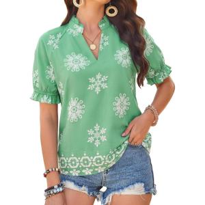 GRACE KARIN Womens Boho Tops Summer Spring Cotton Floral Blouses Short Sleeve Print Shirts V Neck Beach Vacation Clothes 2026(Green Boho Floral)