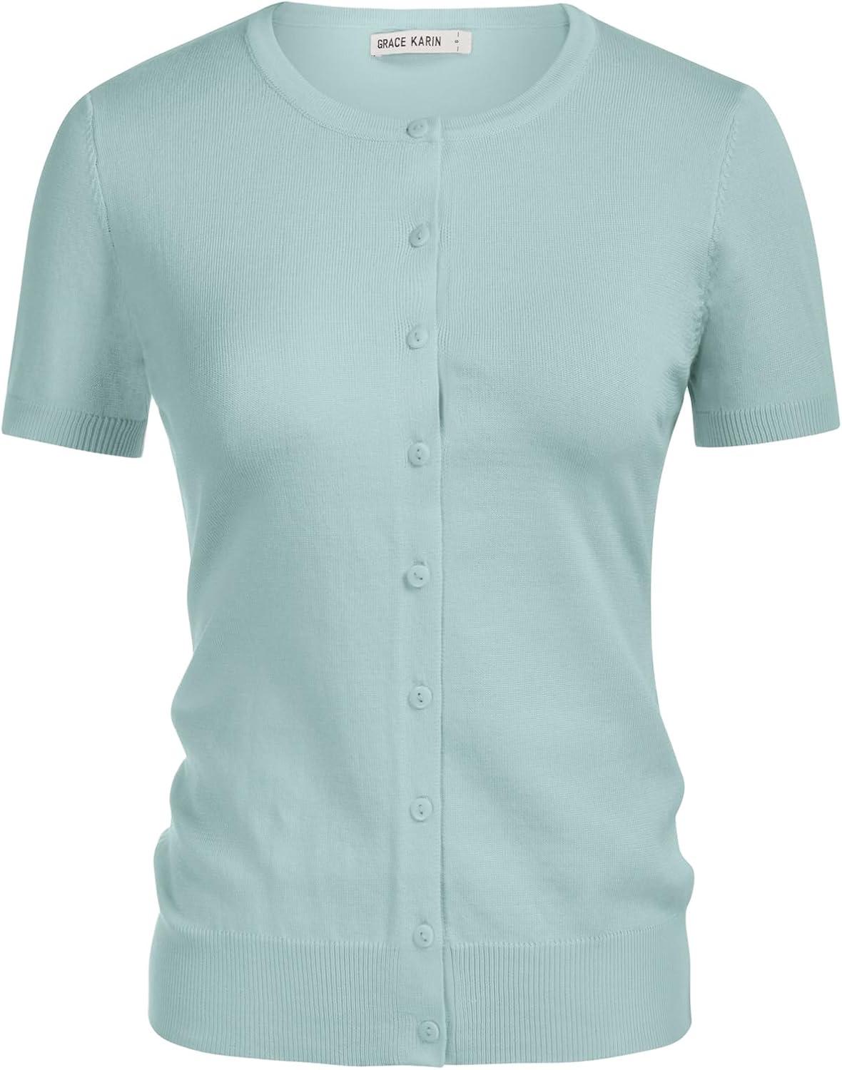 imageGRACE KARIN Short Sleeve Cardigan Summer Button up Sweaters for Women Lightweight Crew Neck Casual Outfits Seafoam Blue XL