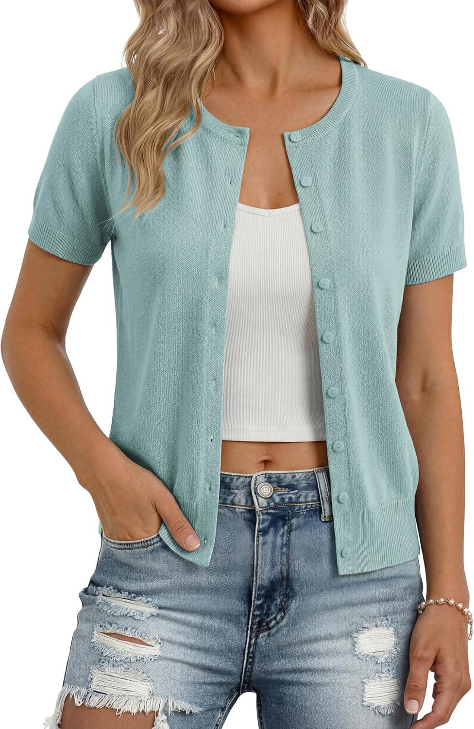 imageGRACE KARIN Short Sleeve Cardigan Summer Button up Sweaters for Women Lightweight Crew Neck Casual Outfits Seafoam Blue XL