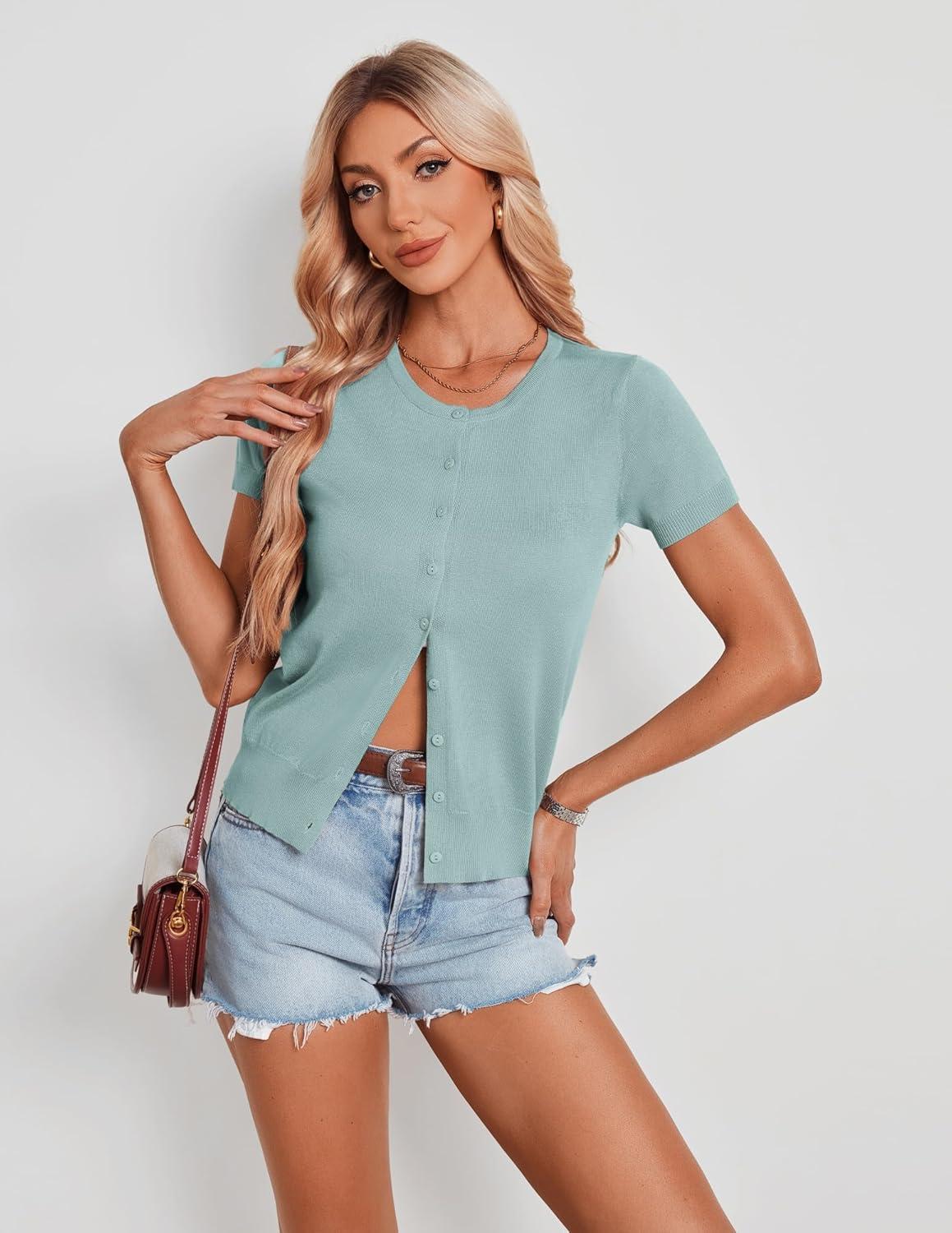 imageGRACE KARIN Short Sleeve Cardigan Summer Button up Sweaters for Women Lightweight Crew Neck Casual Outfits Seafoam Blue XL