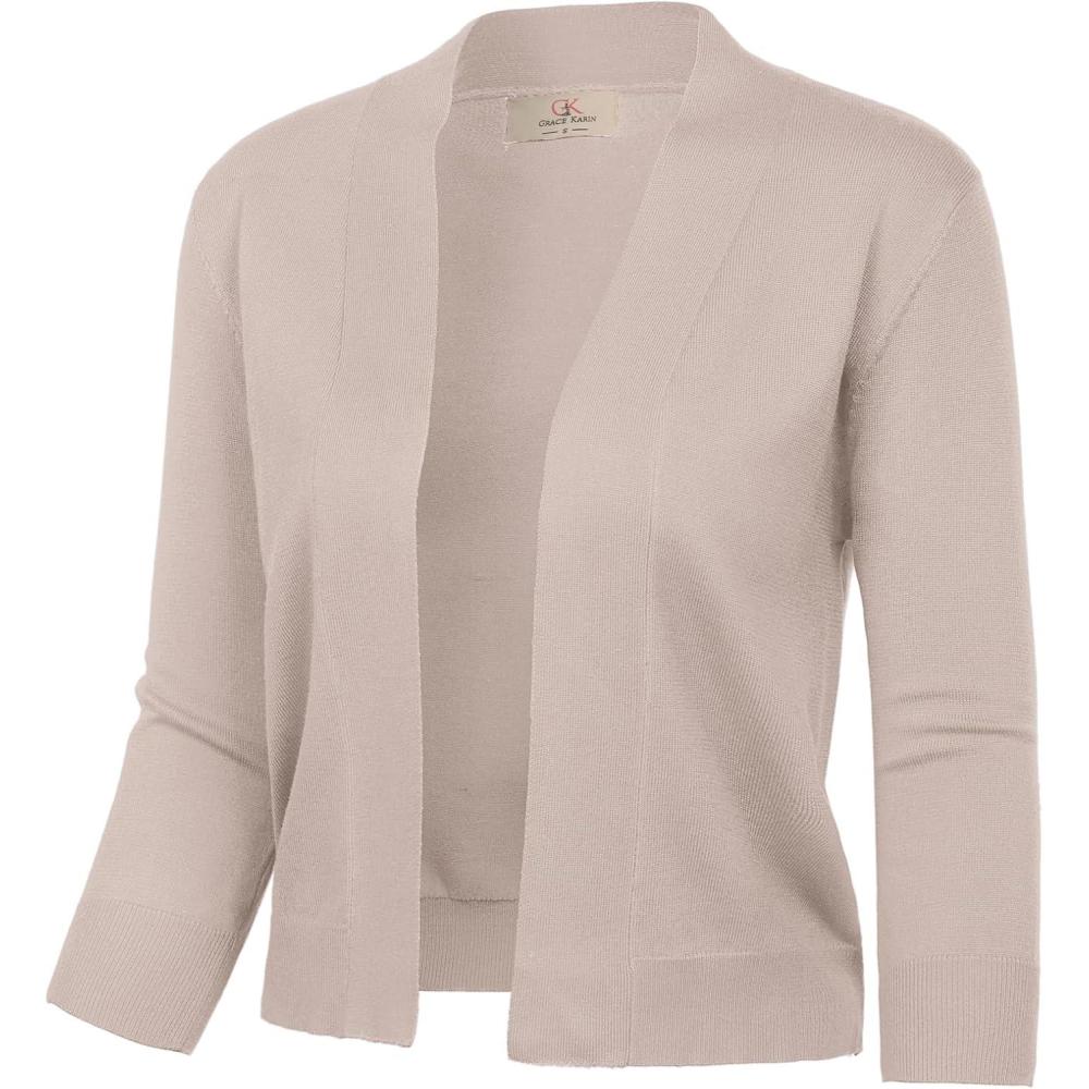 imageGRACE KARIN Women Cardigan Sweaters Lightweight Knit Cropped Cardigans Trendy 34 Sleeve Shrug Bolero S3XLLight Tan
