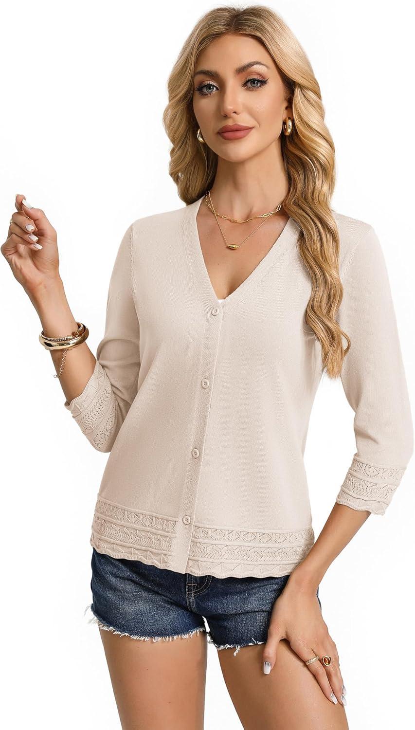 imageGRACE KARIN Cardigan Sweaters for Women Casual 34 Sleeve Lightweight Cardigans 2026 Summer Spring Button Down Sweater TopsBeige