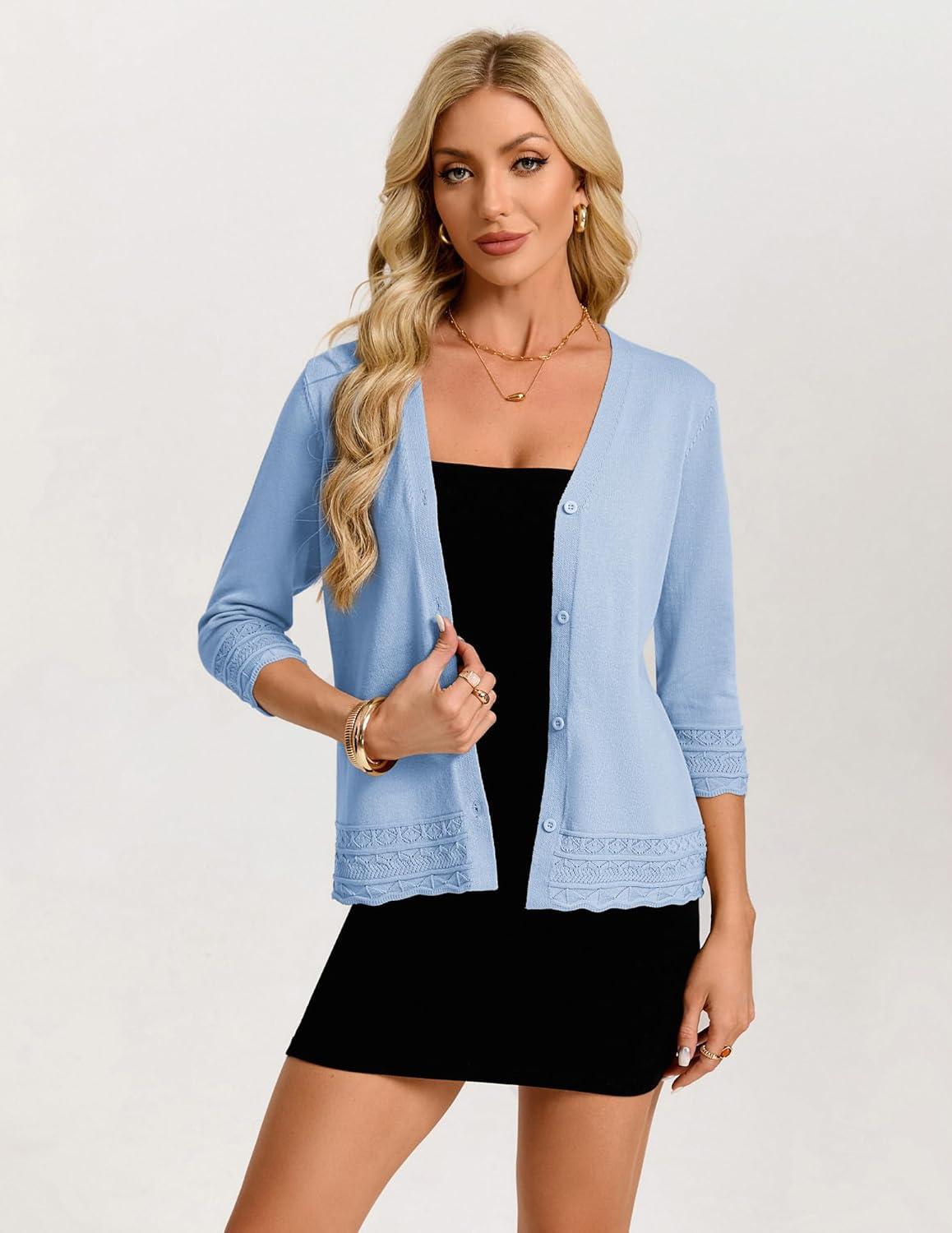 imageGRACE KARIN Cardigan Sweaters for Women Casual 34 Sleeve Lightweight Cardigans 2026 Summer Spring Button Down Sweater TopsBlue