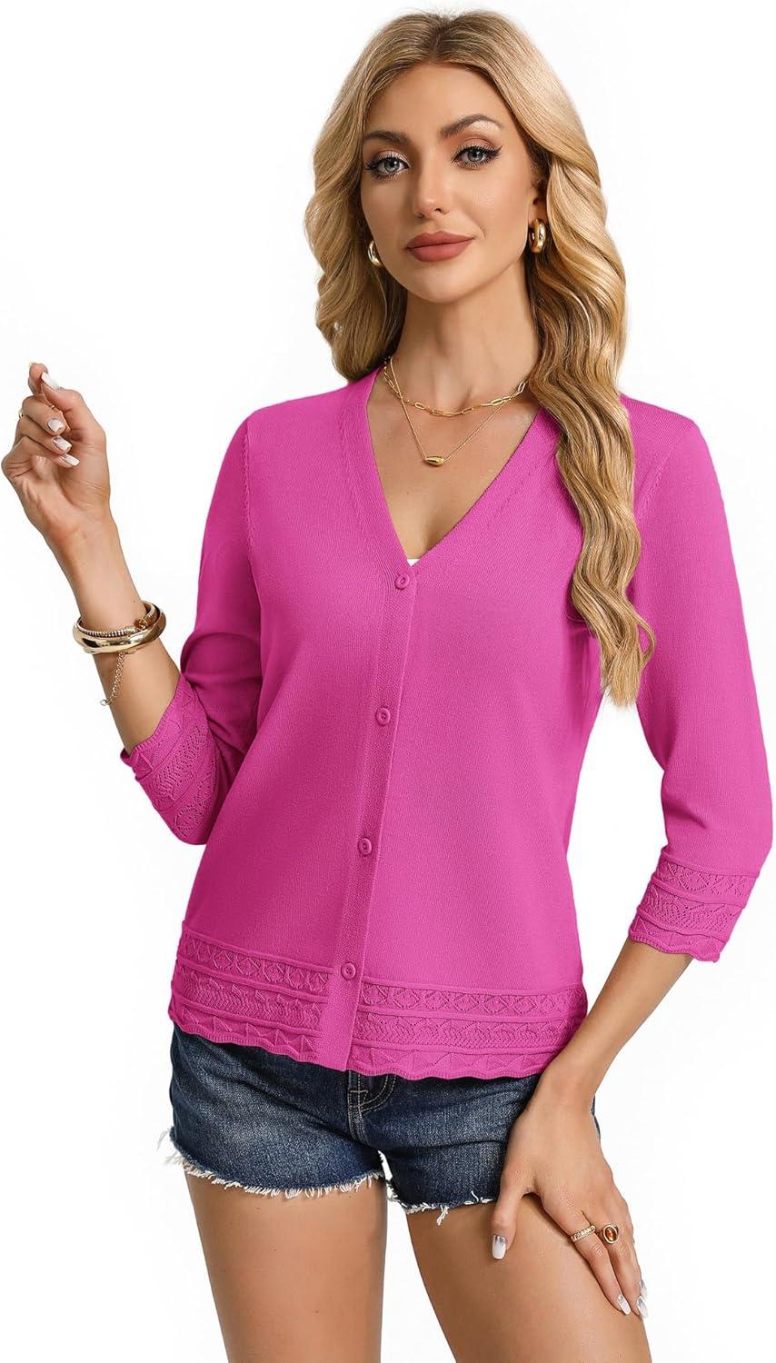 imageGRACE KARIN Cardigan Sweaters for Women Casual 34 Sleeve Lightweight Cardigans 2026 Summer Spring Button Down Sweater TopsHot Pink