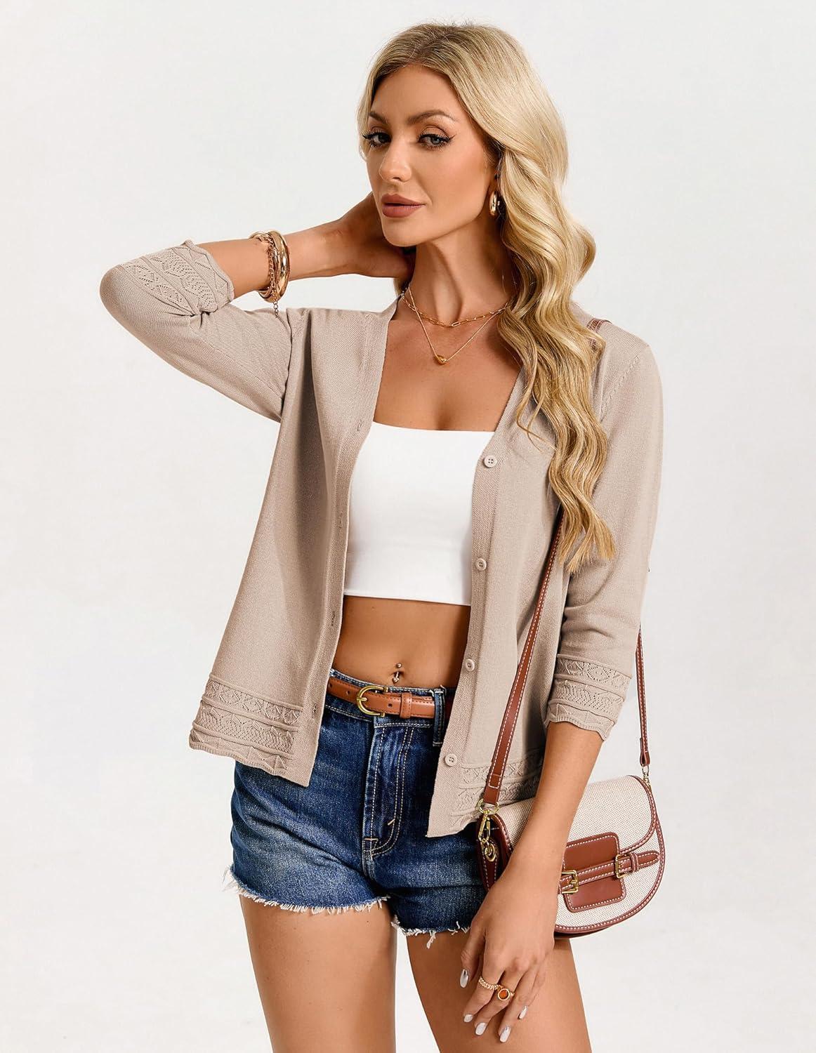 imageGRACE KARIN Cardigan Sweaters for Women Casual 34 Sleeve Lightweight Cardigans 2026 Summer Spring Button Down Sweater TopsKhaki