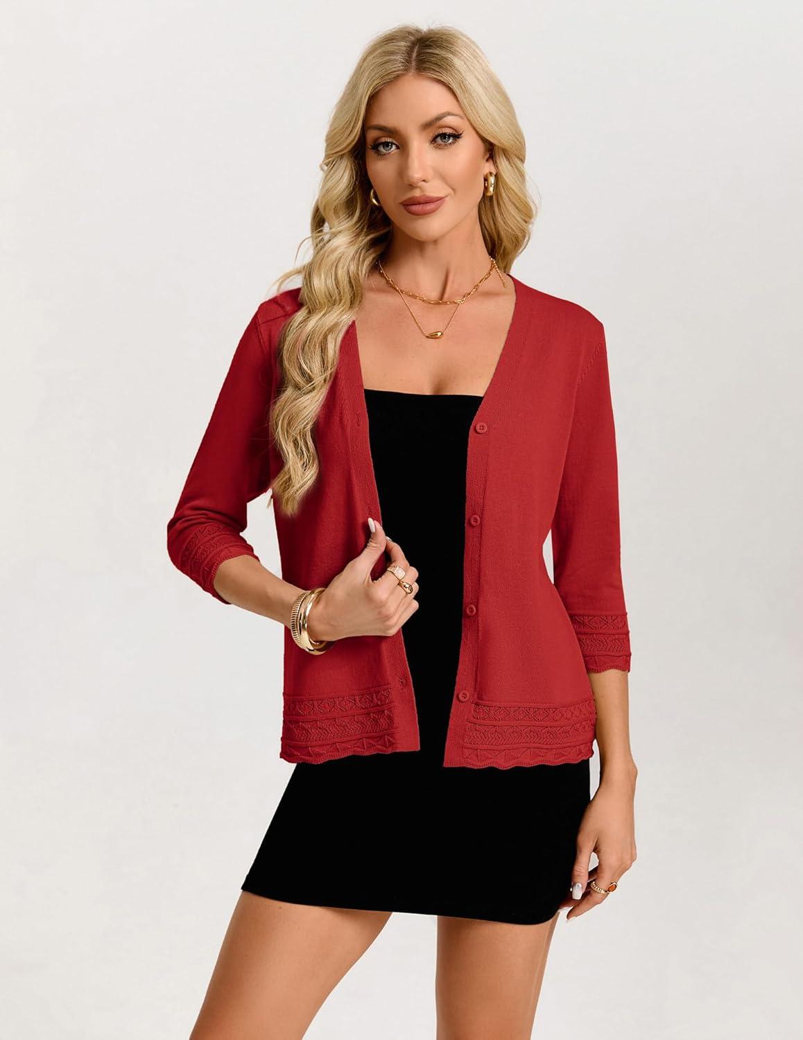 imageGRACE KARIN Cardigan Sweaters for Women Casual 34 Sleeve Lightweight Cardigans 2026 Summer Spring Button Down Sweater TopsRed