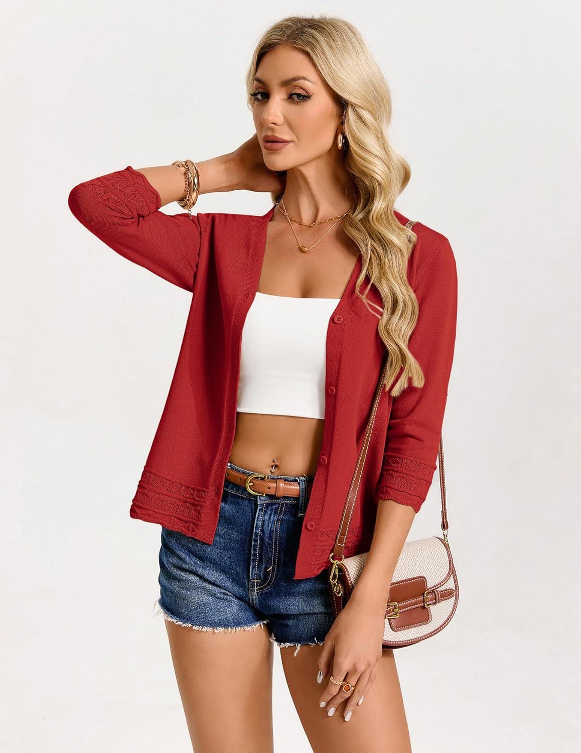 imageGRACE KARIN Cardigan Sweaters for Women Casual 34 Sleeve Lightweight Cardigans 2026 Summer Spring Button Down Sweater TopsRed