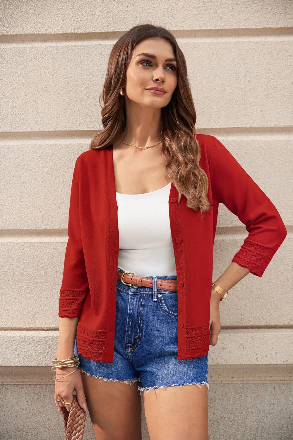 imageGRACE KARIN Cardigan Sweaters for Women Casual 34 Sleeve Lightweight Cardigans 2026 Summer Spring Button Down Sweater TopsRed
