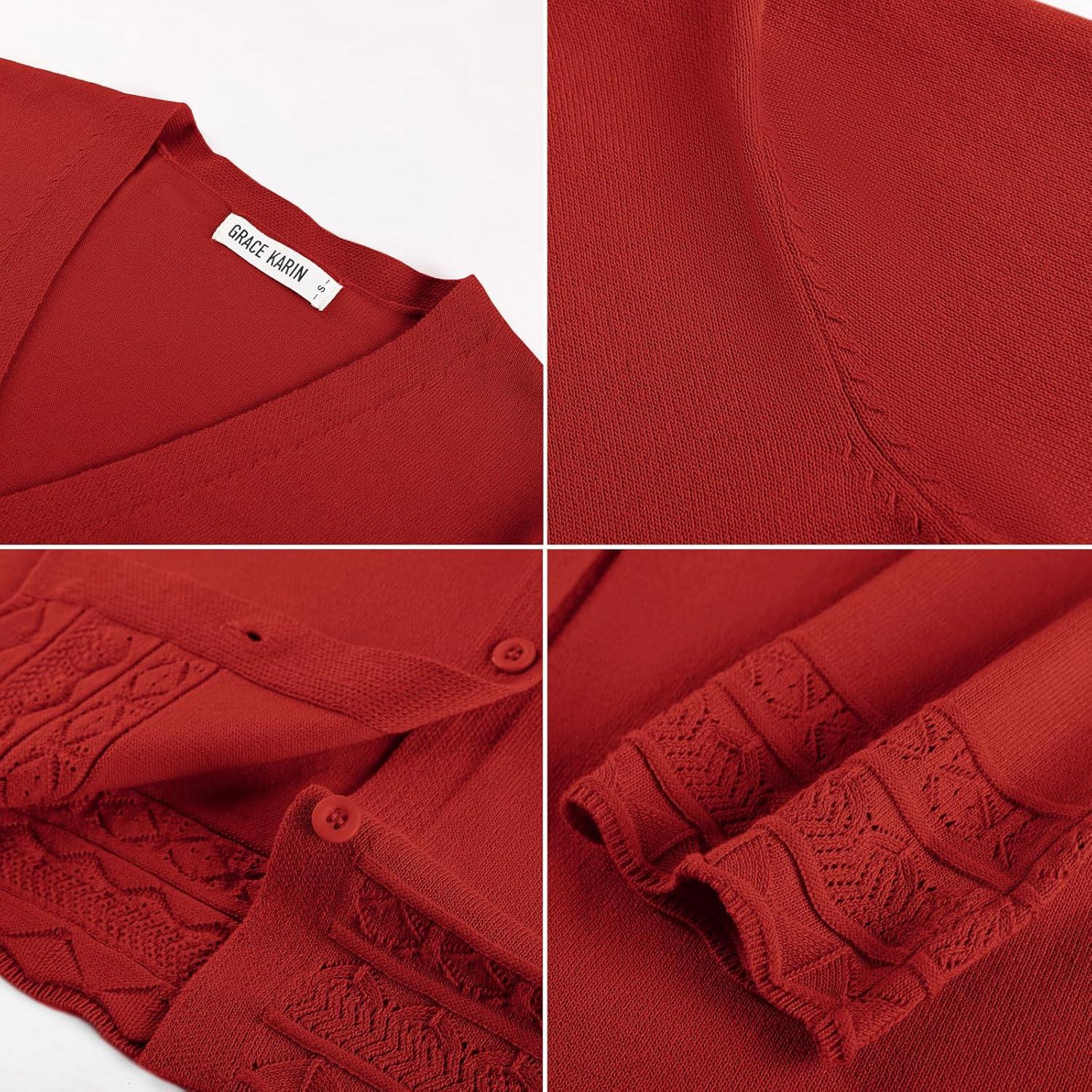 imageGRACE KARIN Cardigan Sweaters for Women Casual 34 Sleeve Lightweight Cardigans 2026 Summer Spring Button Down Sweater TopsRed