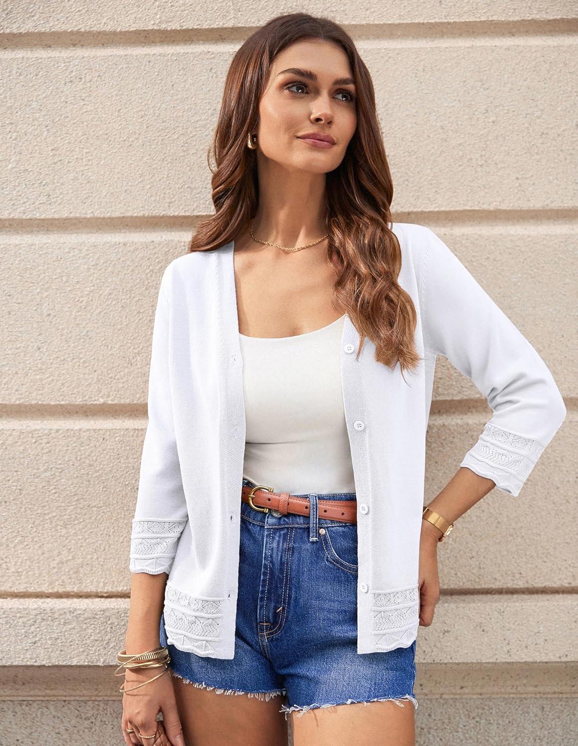 imageGRACE KARIN Cardigan Sweaters for Women Casual 34 Sleeve Lightweight Cardigans 2026 Summer Spring Button Down Sweater TopsWhite