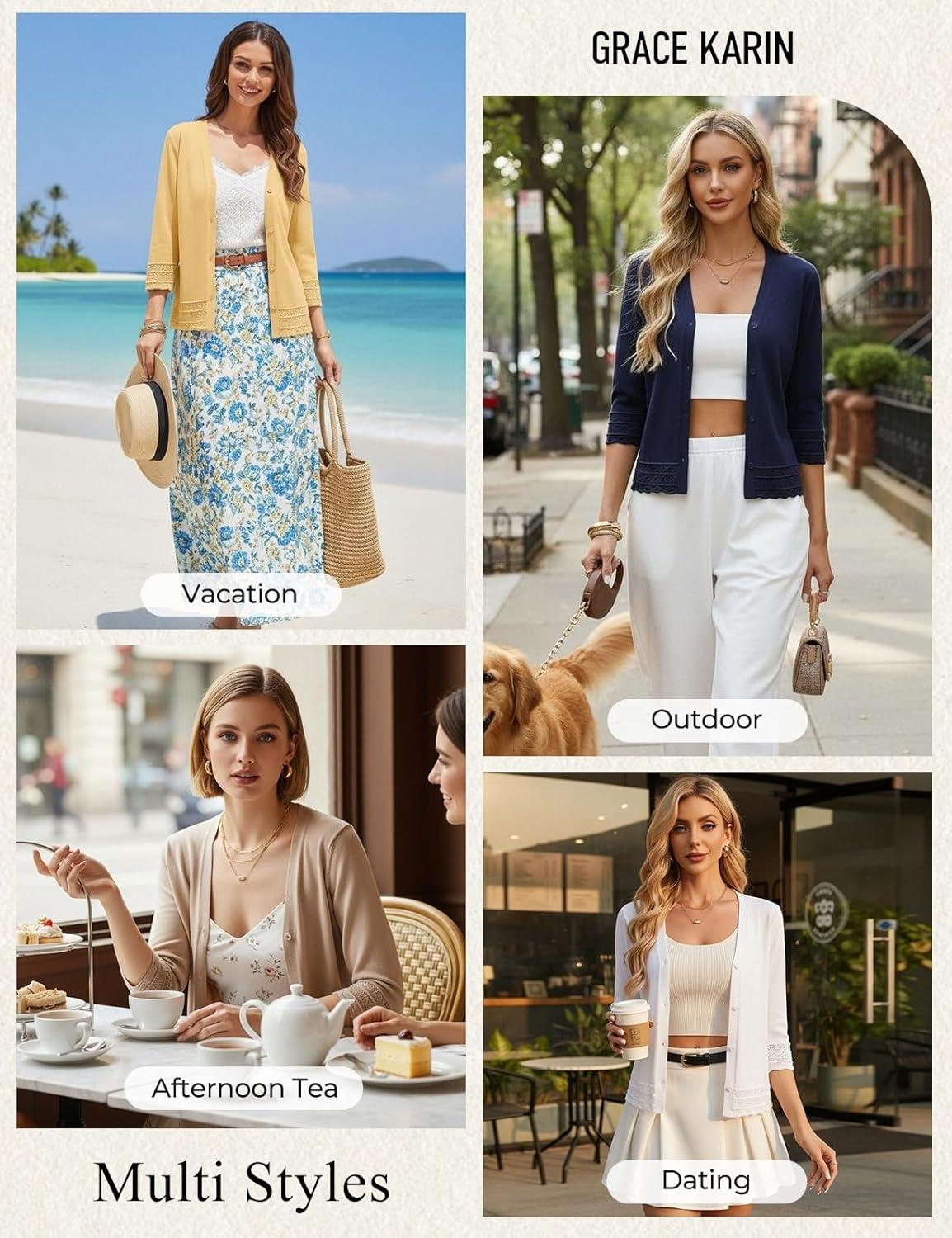 imageGRACE KARIN Cardigan Sweaters for Women Casual 34 Sleeve Lightweight Cardigans 2026 Summer Spring Button Down Sweater TopsWhite
