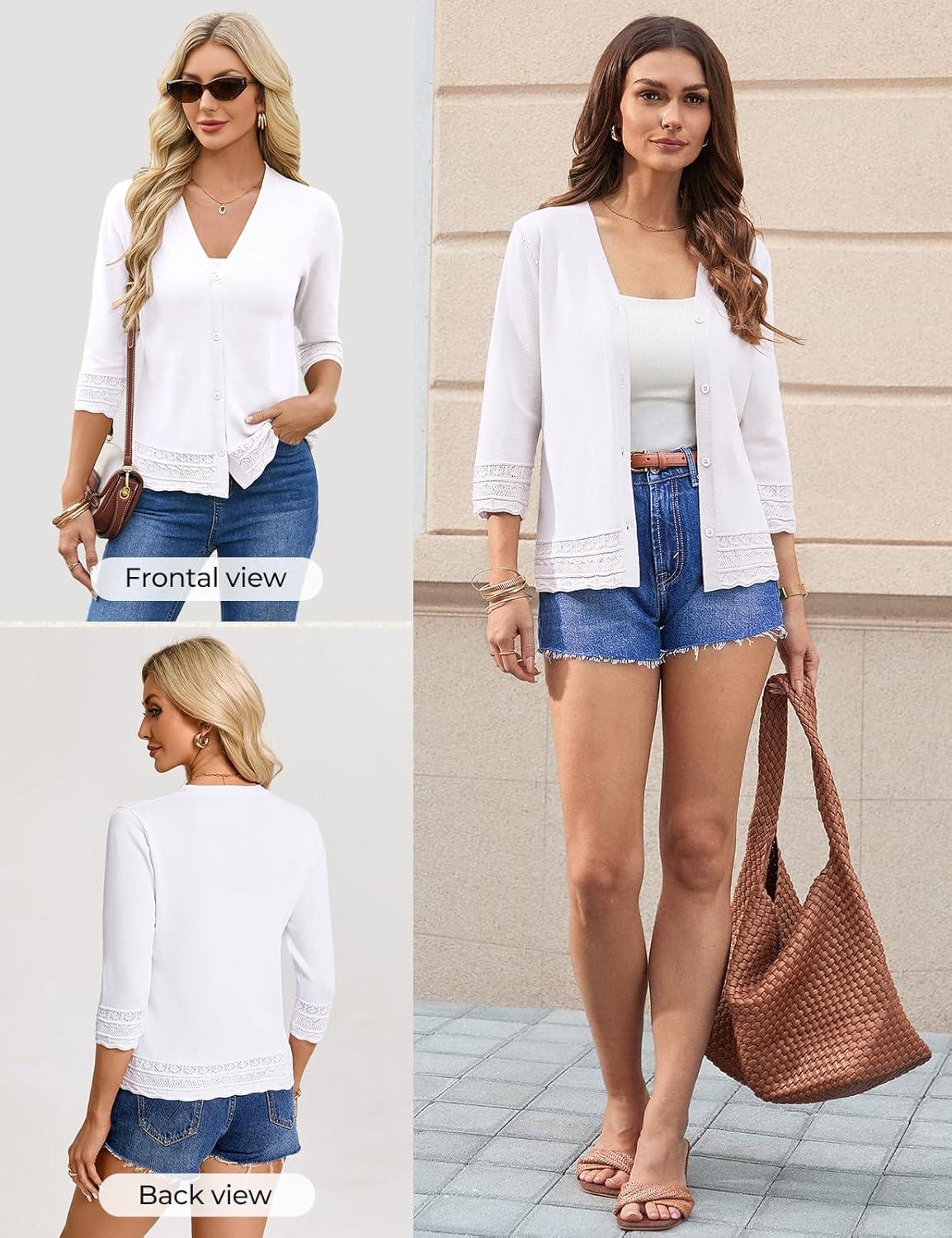 imageGRACE KARIN Cardigan Sweaters for Women Casual 34 Sleeve Lightweight Cardigans 2026 Summer Spring Button Down Sweater TopsWhite