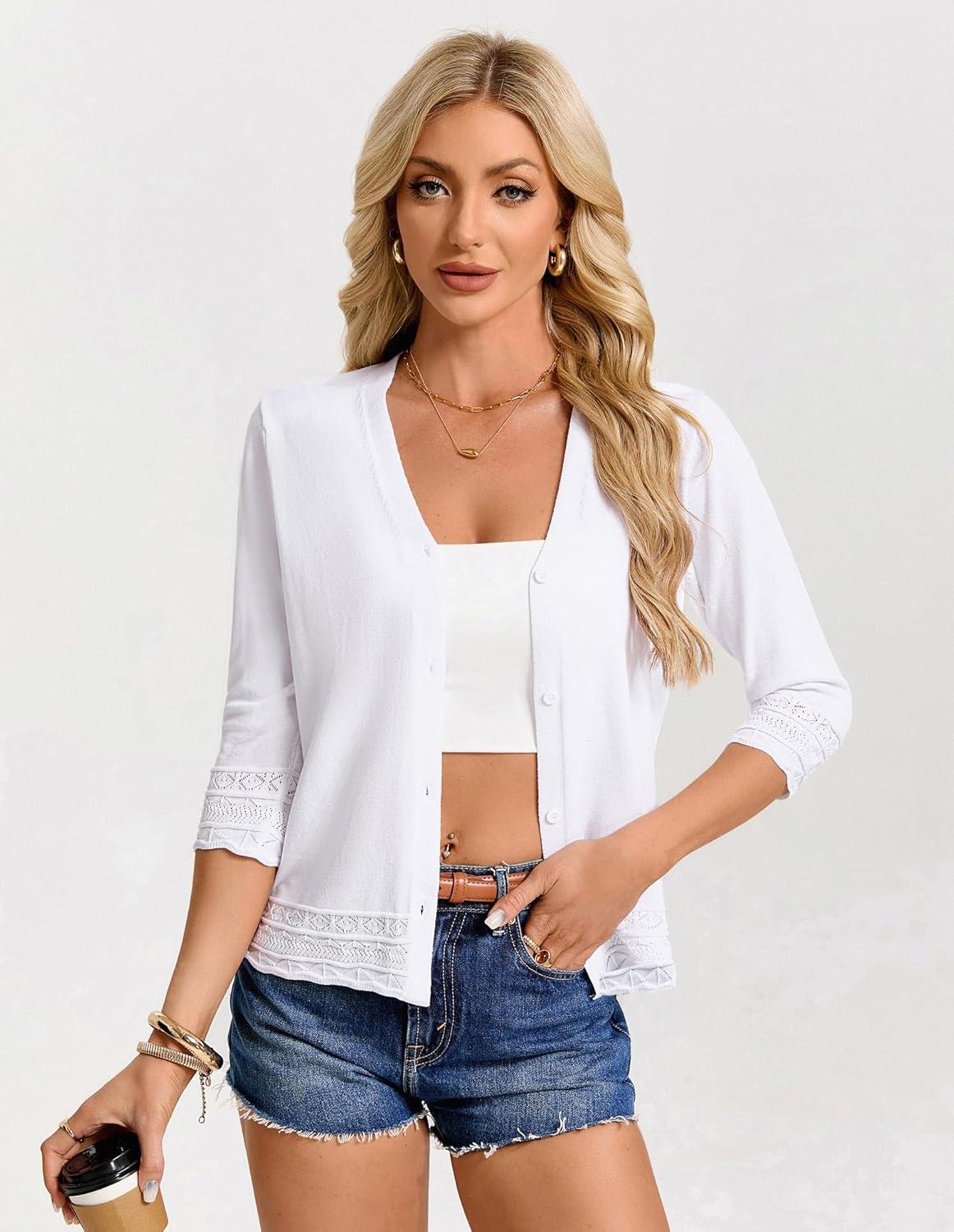 imageGRACE KARIN Cardigan Sweaters for Women Casual 34 Sleeve Lightweight Cardigans 2026 Summer Spring Button Down Sweater TopsWhite