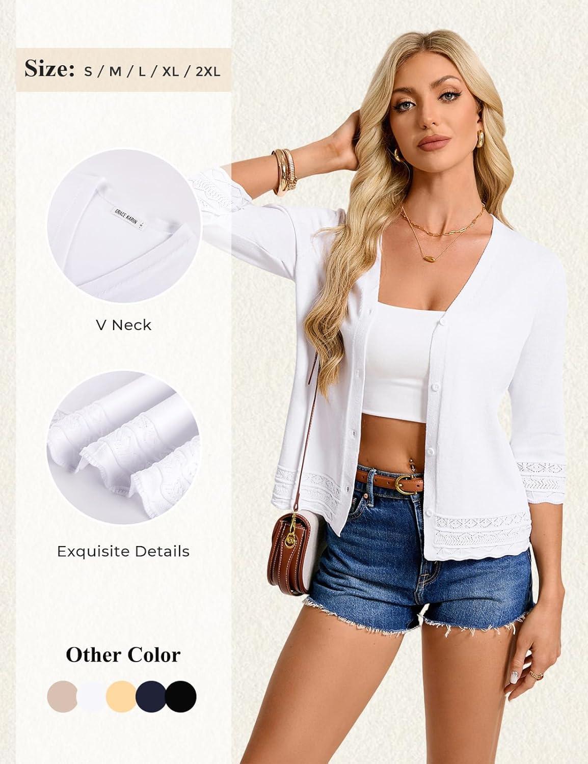 imageGRACE KARIN Cardigan Sweaters for Women Casual 34 Sleeve Lightweight Cardigans 2026 Summer Spring Button Down Sweater TopsWhite