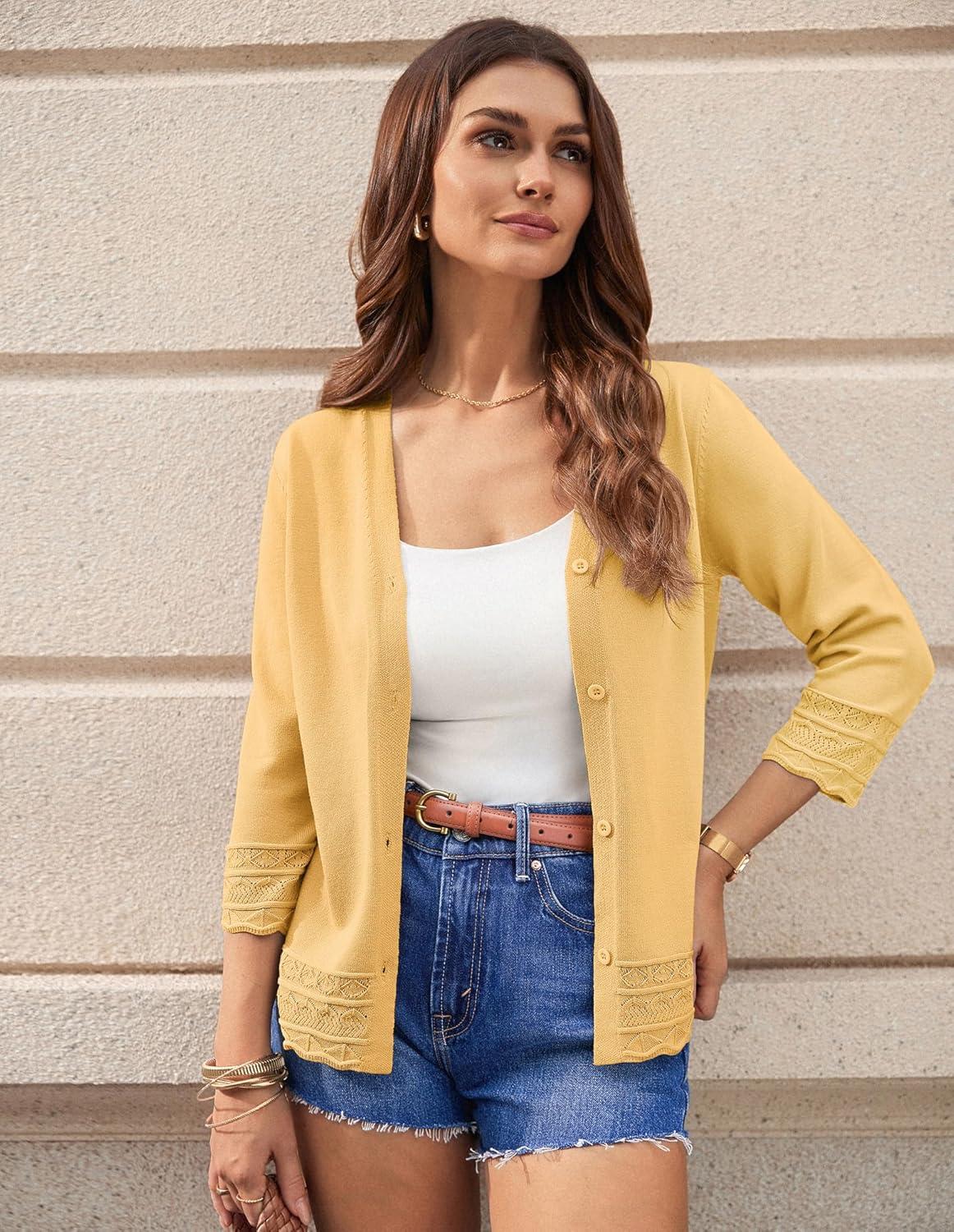 imageGRACE KARIN Cardigan Sweaters for Women Casual 34 Sleeve Lightweight Cardigans 2026 Summer Spring Button Down Sweater TopsYellow