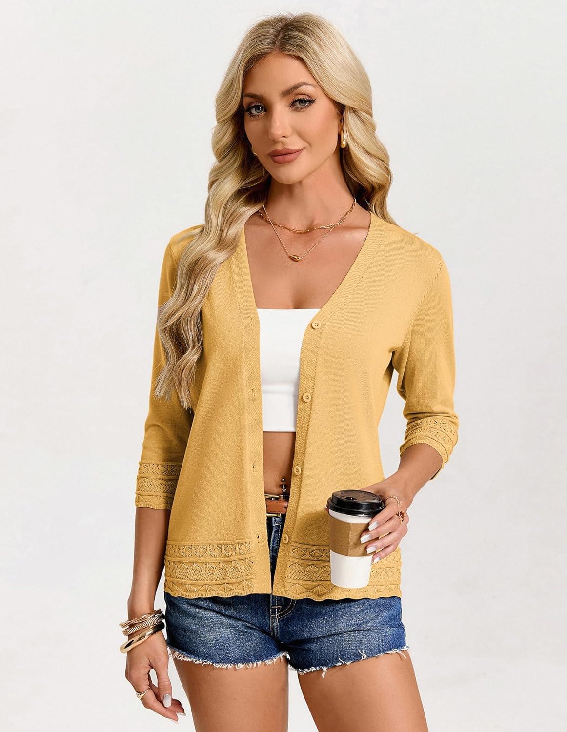 imageGRACE KARIN Cardigan Sweaters for Women Casual 34 Sleeve Lightweight Cardigans 2026 Summer Spring Button Down Sweater TopsYellow