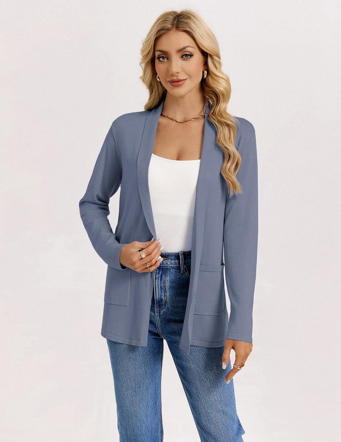 imageGRACE KARIN Long Cardigans for Women Long Sleeve Open Front Cardigan Sweaters Lightweight Spring Jacket with PocketsBlue Gray