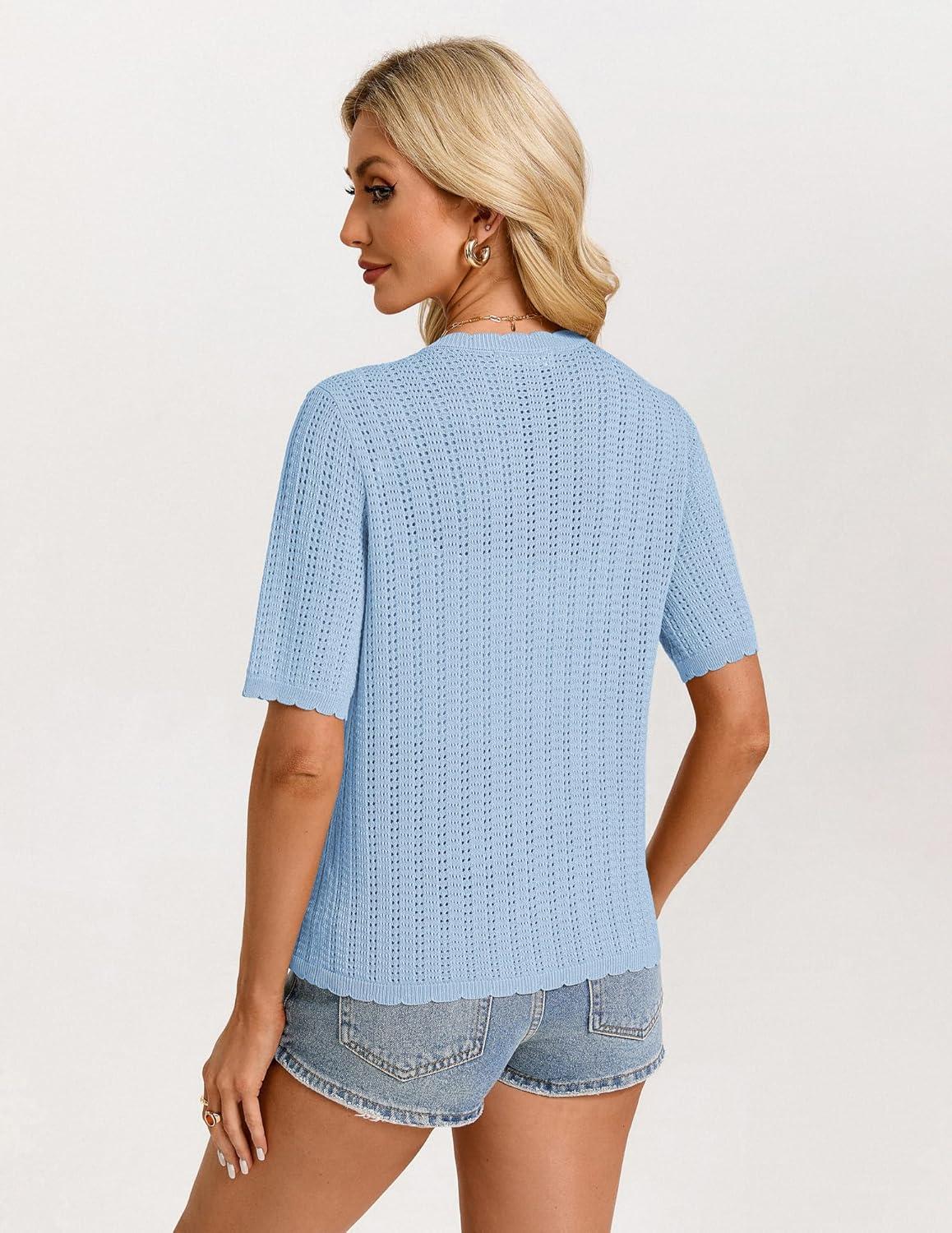 imageGRACE KARIN Short Sleeve Summer Cardigan Sweaters for Women 2026 Lightweight Shrug Crochet Beach Cover UpsLight Blue