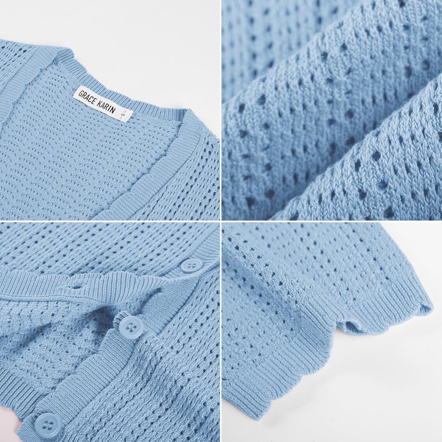 imageGRACE KARIN Short Sleeve Summer Cardigan Sweaters for Women 2026 Lightweight Shrug Crochet Beach Cover UpsLight Blue