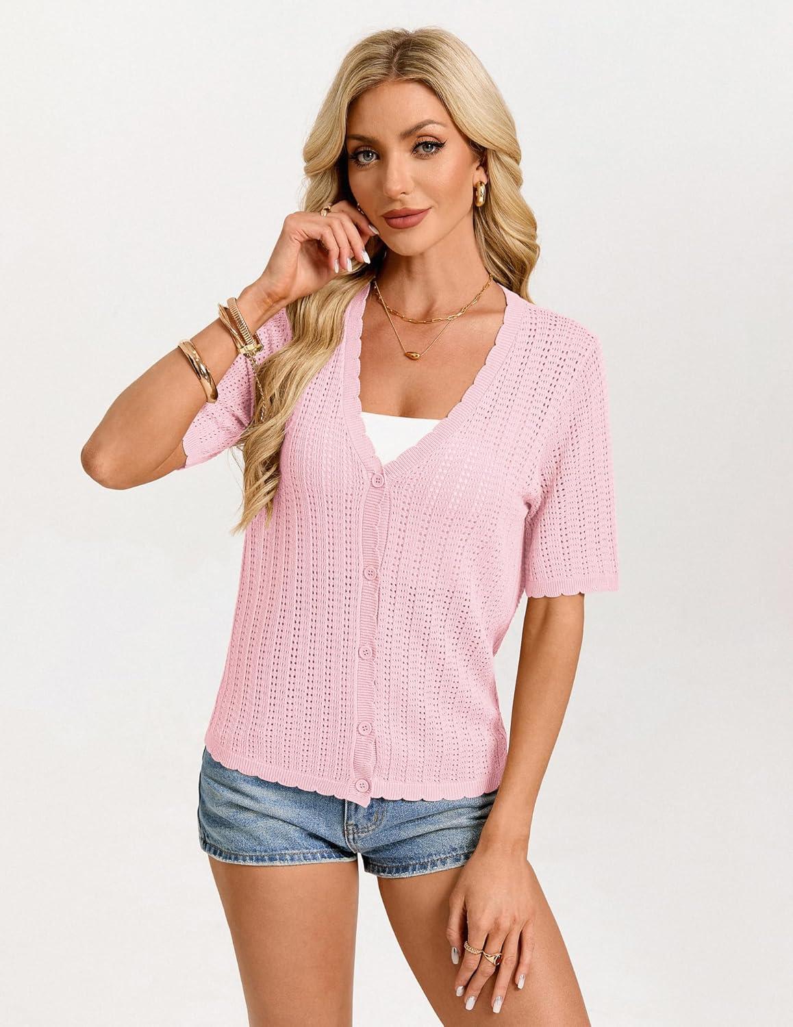 imageGRACE KARIN Short Sleeve Summer Cardigan Sweaters for Women 2026 Lightweight Shrug Crochet Beach Cover UpsPink