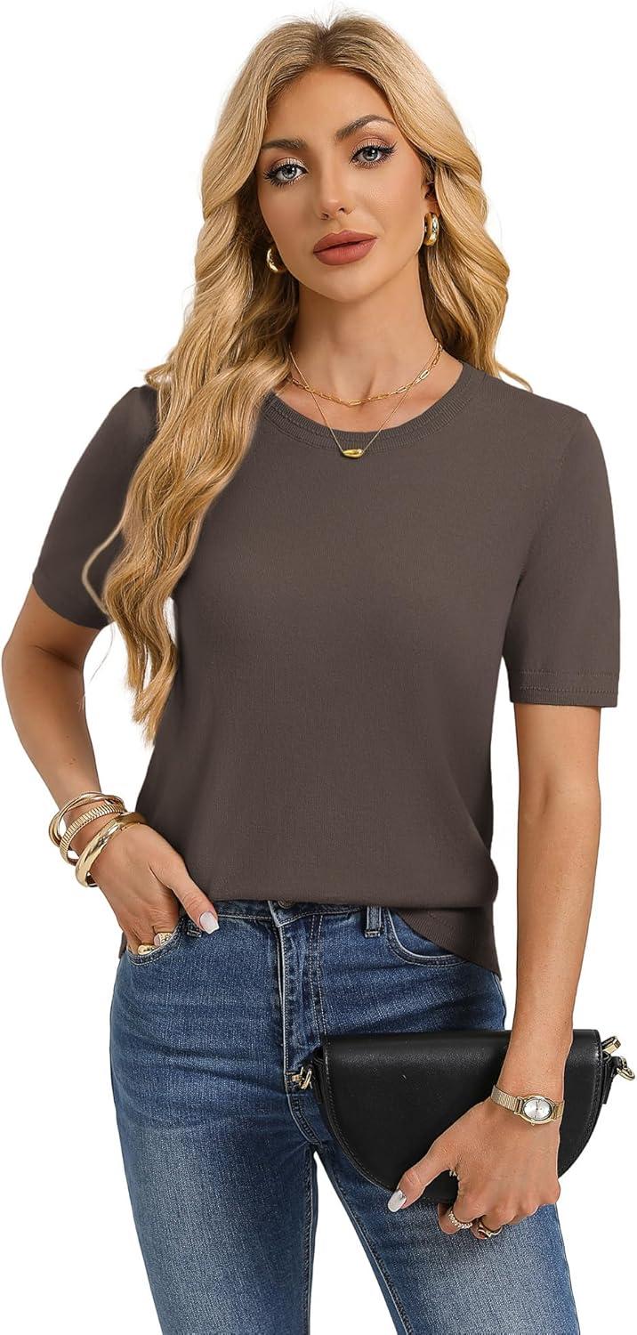 imageGRACE KARIN Short Sleeve Sweater for Women Spring Summer Cotton Tops 2026 Business Casual Fashion Clothing Work Outfits ShirtCoffee