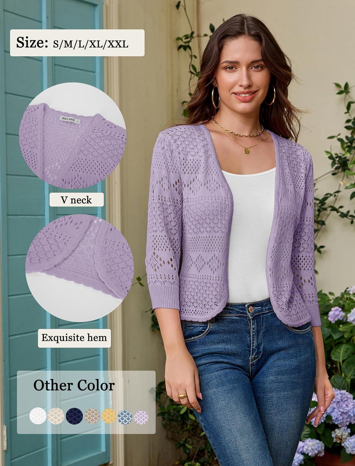 imageGRACE KARIN Women Lightweight Cardigan 34 Sleeve Cropped Crochet Bolero Shrug Summer Open Front Knit Sweaters for DressPink Purple