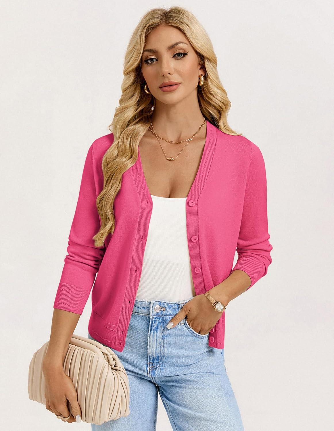 imageGRACE KARIN Womens Lightweight Cardigan Sweaters Trendy Button Up VNeck Knit Cardigans Shrug Spring Fashion ClothesRose Pink