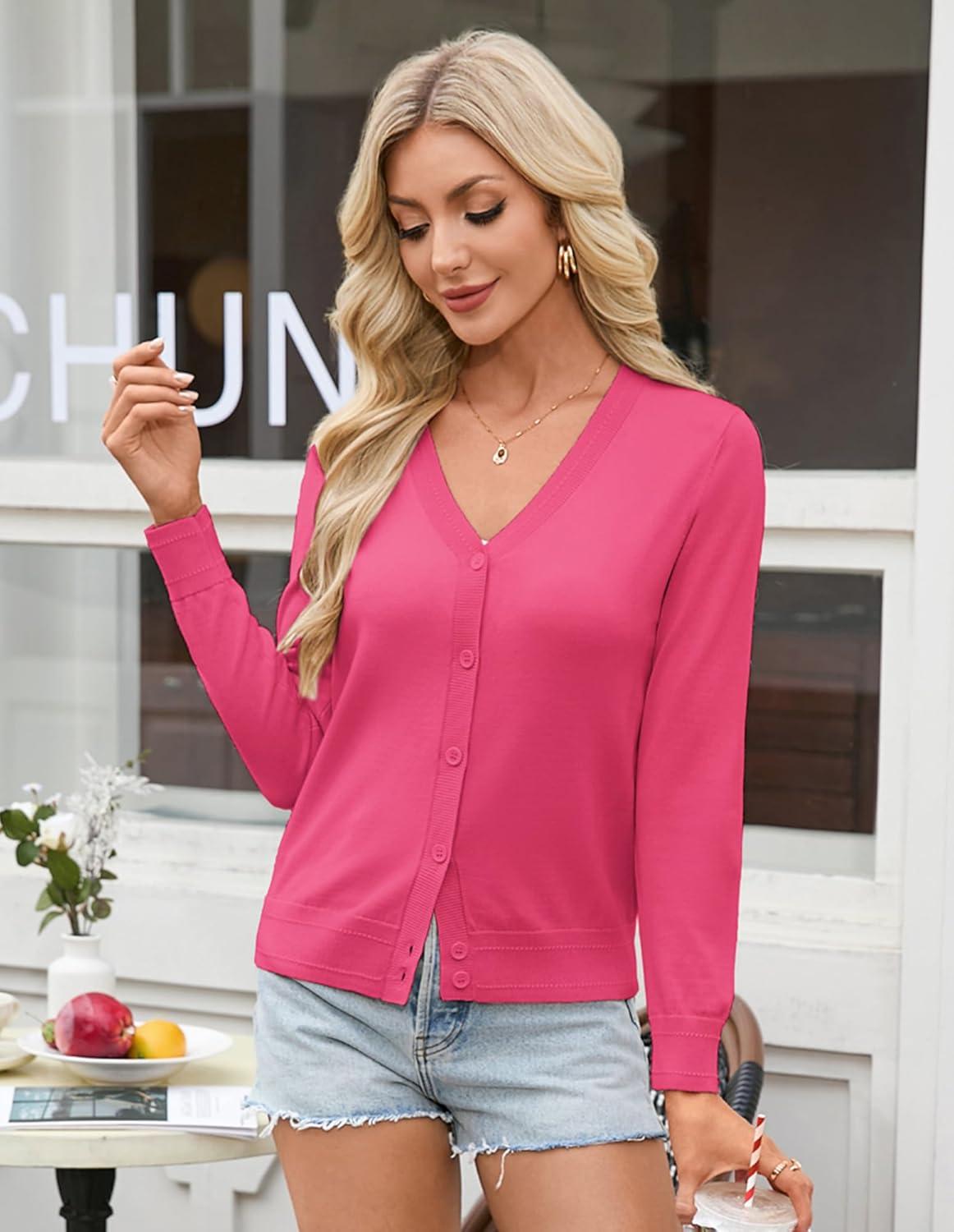 imageGRACE KARIN Womens Lightweight Cardigan Sweaters Trendy Button Up VNeck Knit Cardigans Shrug Spring Fashion ClothesRose Pink