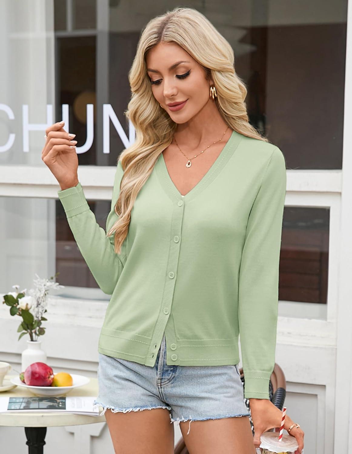 imageGRACE KARIN Womens Lightweight Cardigan Sweaters Trendy Button Up VNeck Knit Cardigans Shrug Spring Fashion ClothesSage Green
