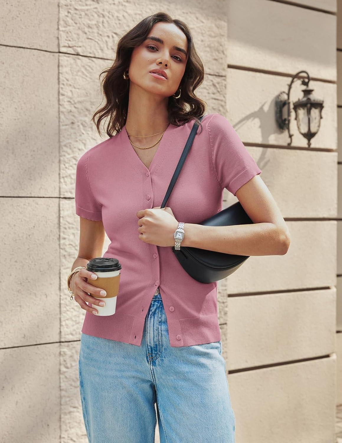 imageGRACE KARIN Womens Short Sleeve Cardigan Sweaters 2026 Summer Lightweight Cropped Cardigan V Neck Casual Clothing TopsDusty Rose