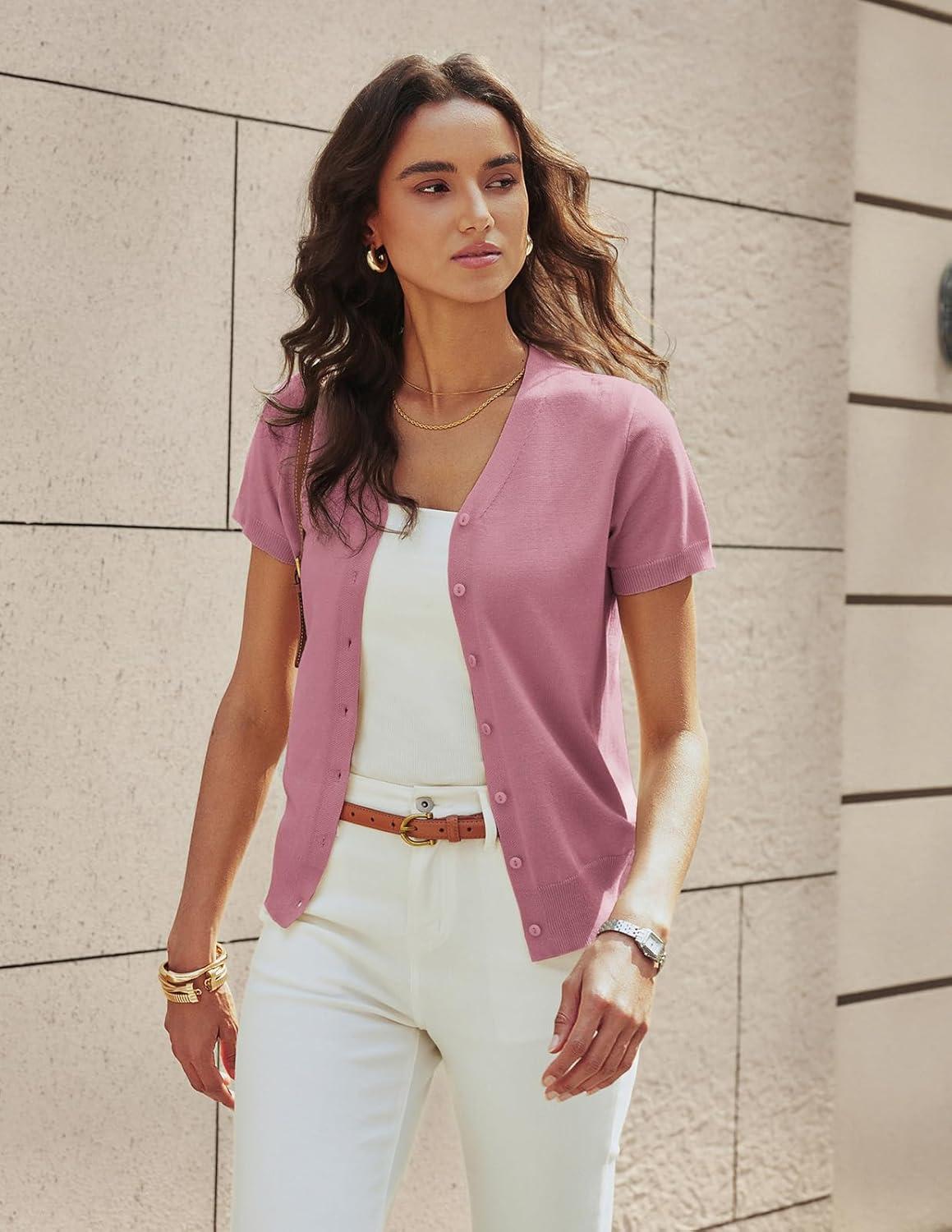 imageGRACE KARIN Womens Short Sleeve Cardigan Sweaters 2026 Summer Lightweight Cropped Cardigan V Neck Casual Clothing TopsDusty Rose