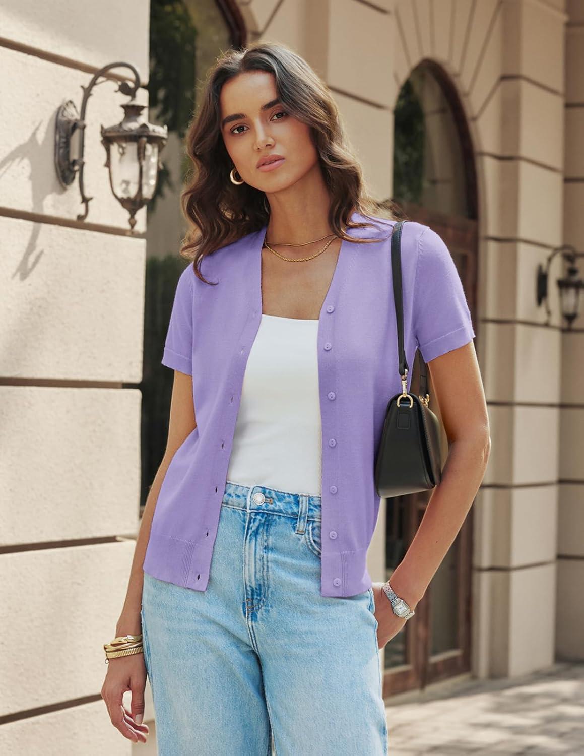 imageGRACE KARIN Womens Short Sleeve Cardigan Sweaters 2026 Summer Lightweight Cropped Cardigan V Neck Casual Clothing TopsLavender Purple