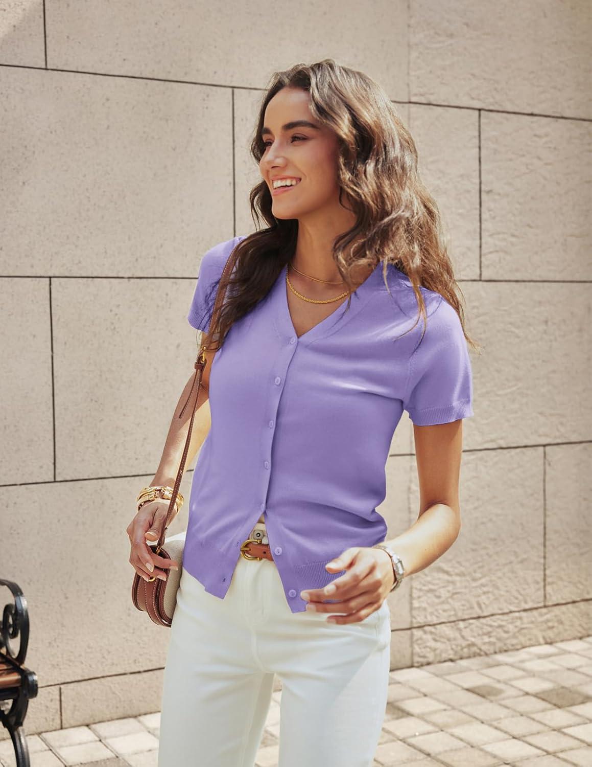 imageGRACE KARIN Womens Short Sleeve Cardigan Sweaters 2026 Summer Lightweight Cropped Cardigan V Neck Casual Clothing TopsLavender Purple