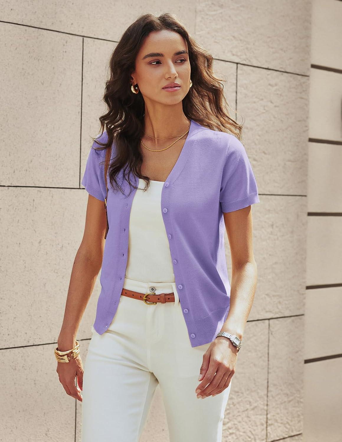 imageGRACE KARIN Womens Short Sleeve Cardigan Sweaters 2026 Summer Lightweight Cropped Cardigan V Neck Casual Clothing TopsLavender Purple